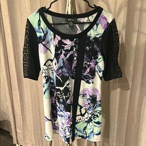 Style & Co. Black,Green, blue and purple Blouse with Short Cuffed netted Sleeve.